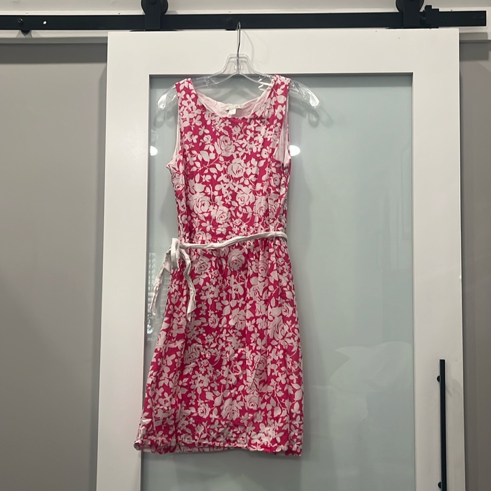 Garnet Hill Hot Pink Floral Lined Dress with Belt, Size 8